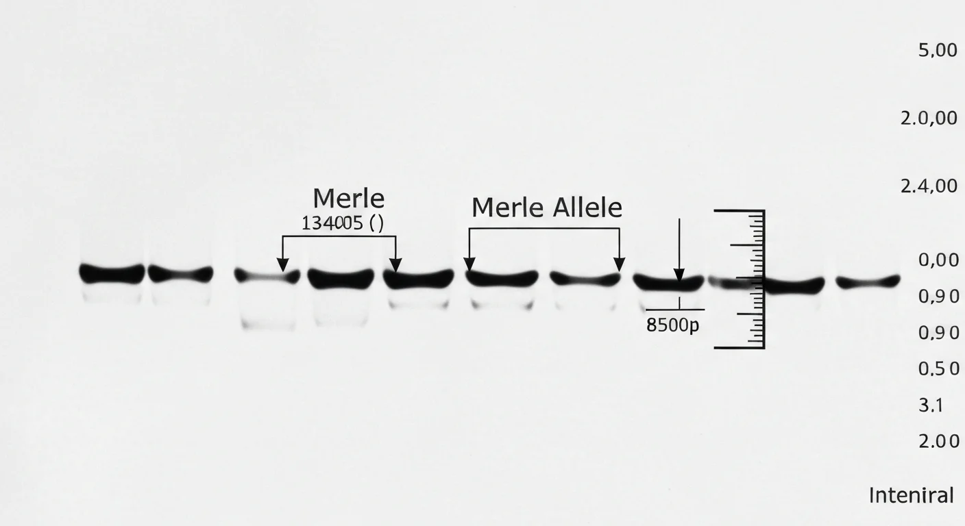 Laboratory DNA fragment analysis printout showing merle allele length measurements