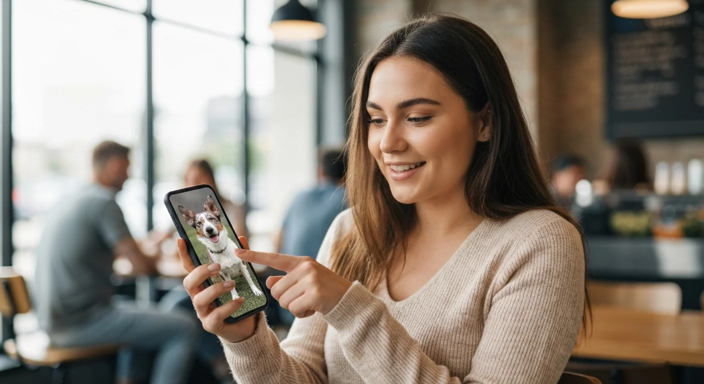 Person using smartphone showing viral merle dog photo discussing breeding ethics