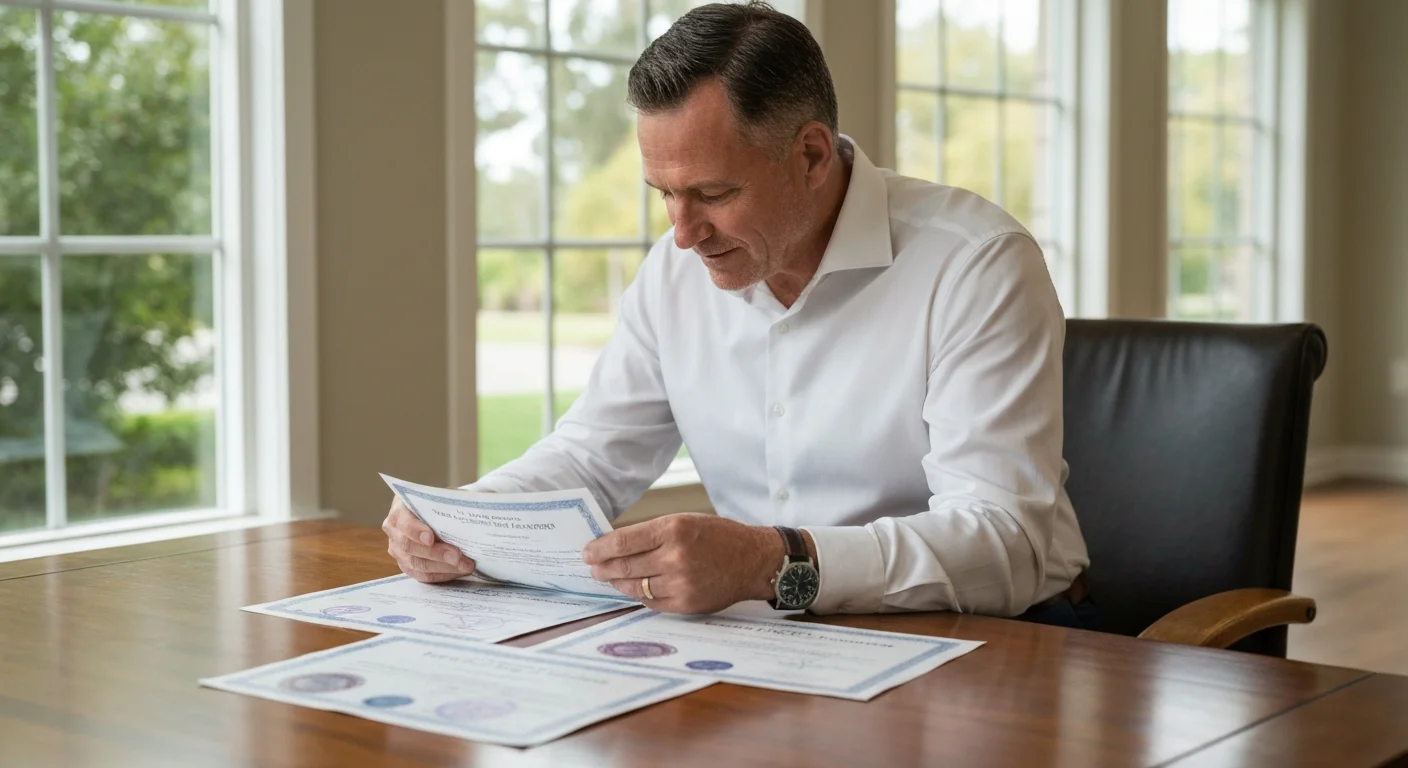 Breeder reviewing DNA test certificates and health clearances for stud dog selection