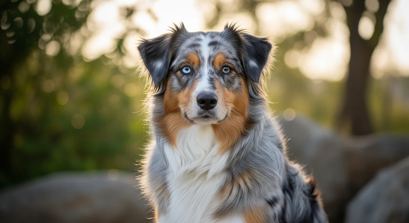 Blue merle Australian Shepherd with distinctive coat pattern