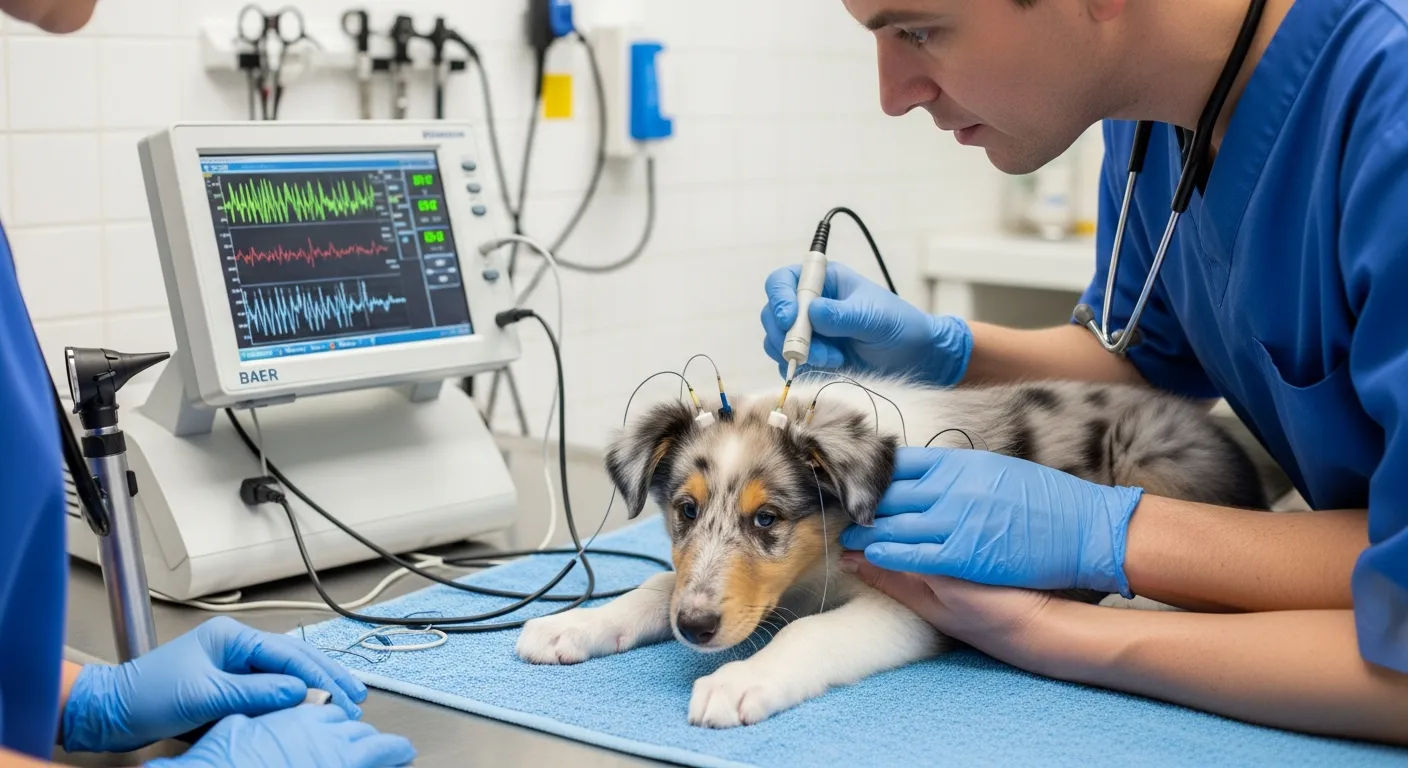 Veterinarian performing hearing assessment on a merle puppy