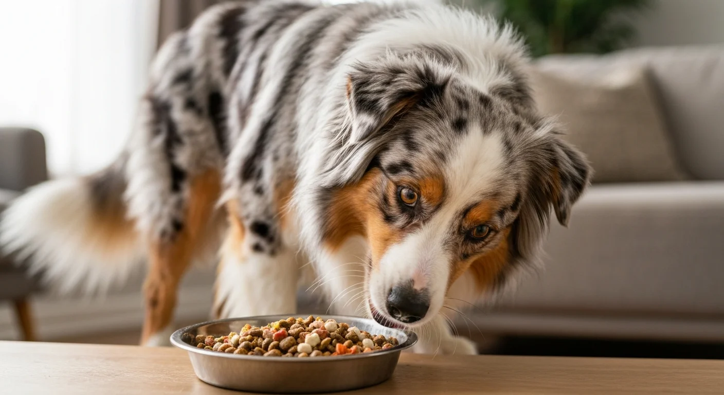 Healthy merle Australian Shepherd eating high quality nutritious dog food from bowl