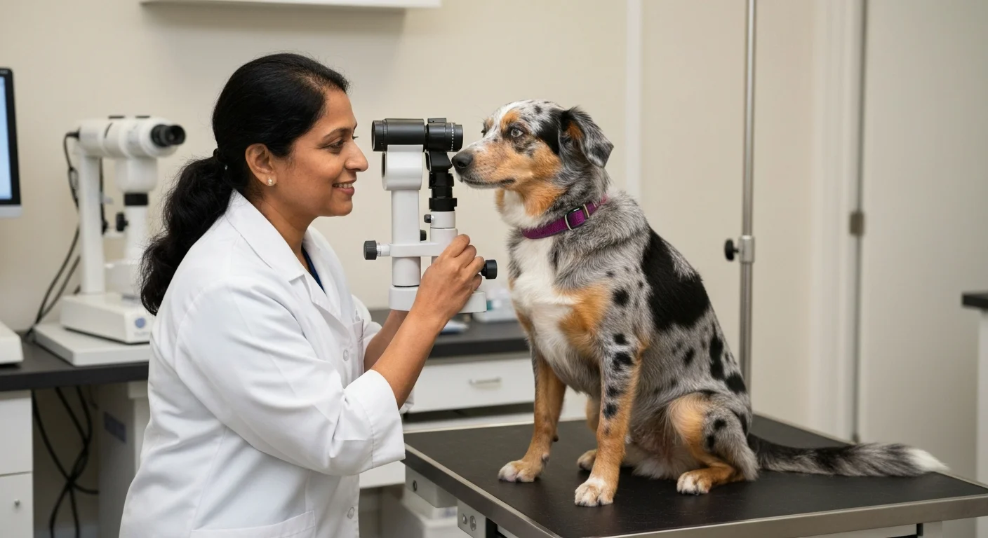 Ophthalmologist performing detailed eye examination on merle dog to assess vision health