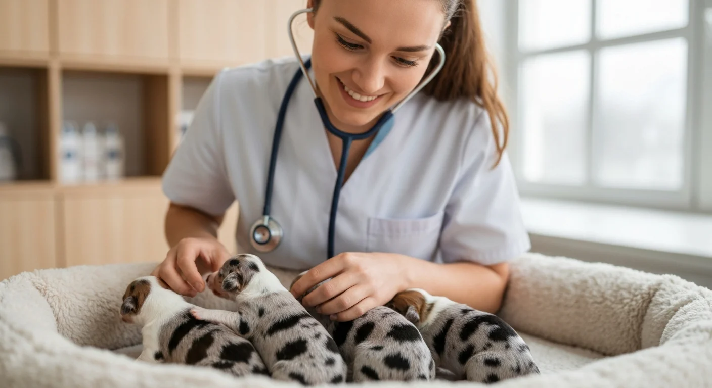 Veterinarian performing comprehensive health examination on newborn merle puppies