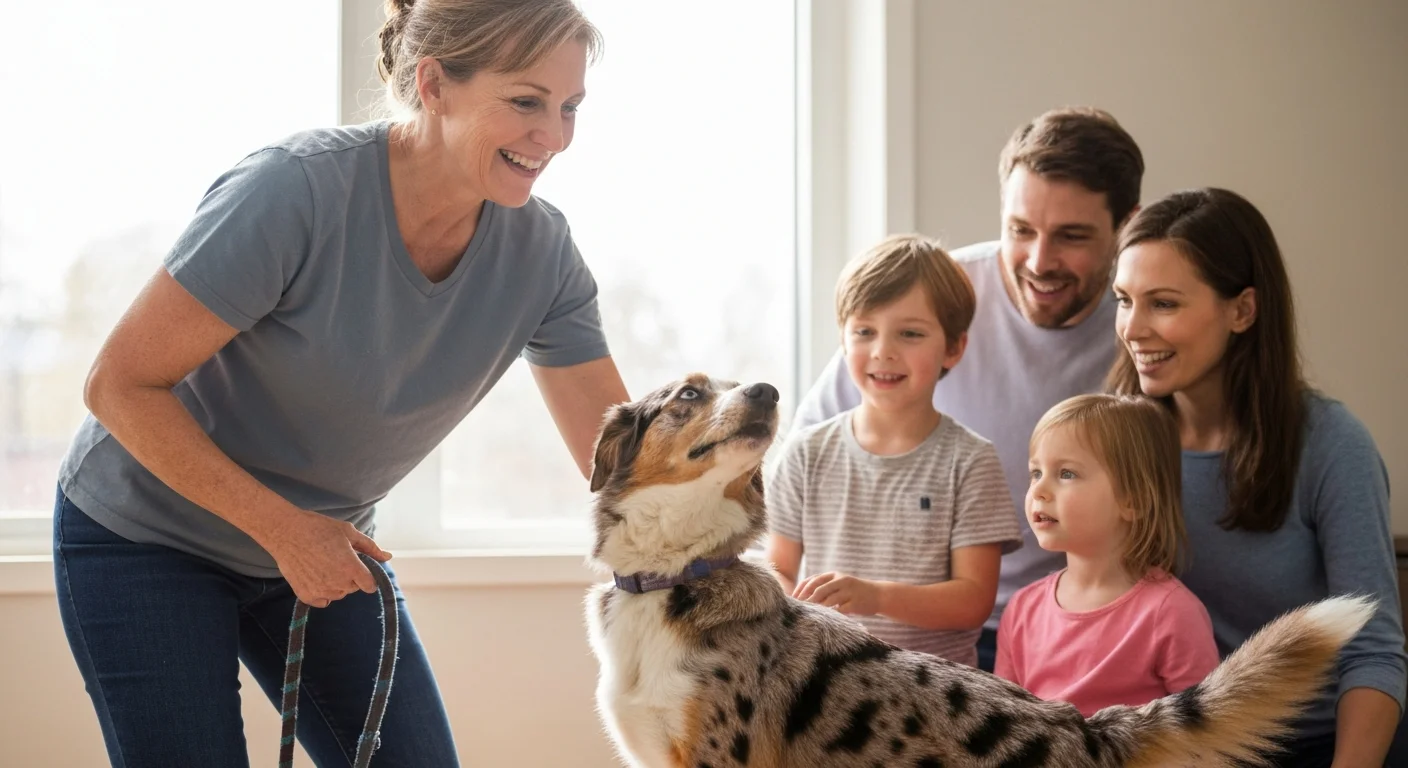 Rescue organization worker introducing merle dog to potential caring adoptive family