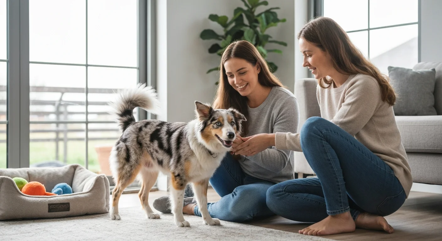 Adopted merle dog settling happily into new home environment with responsible owners