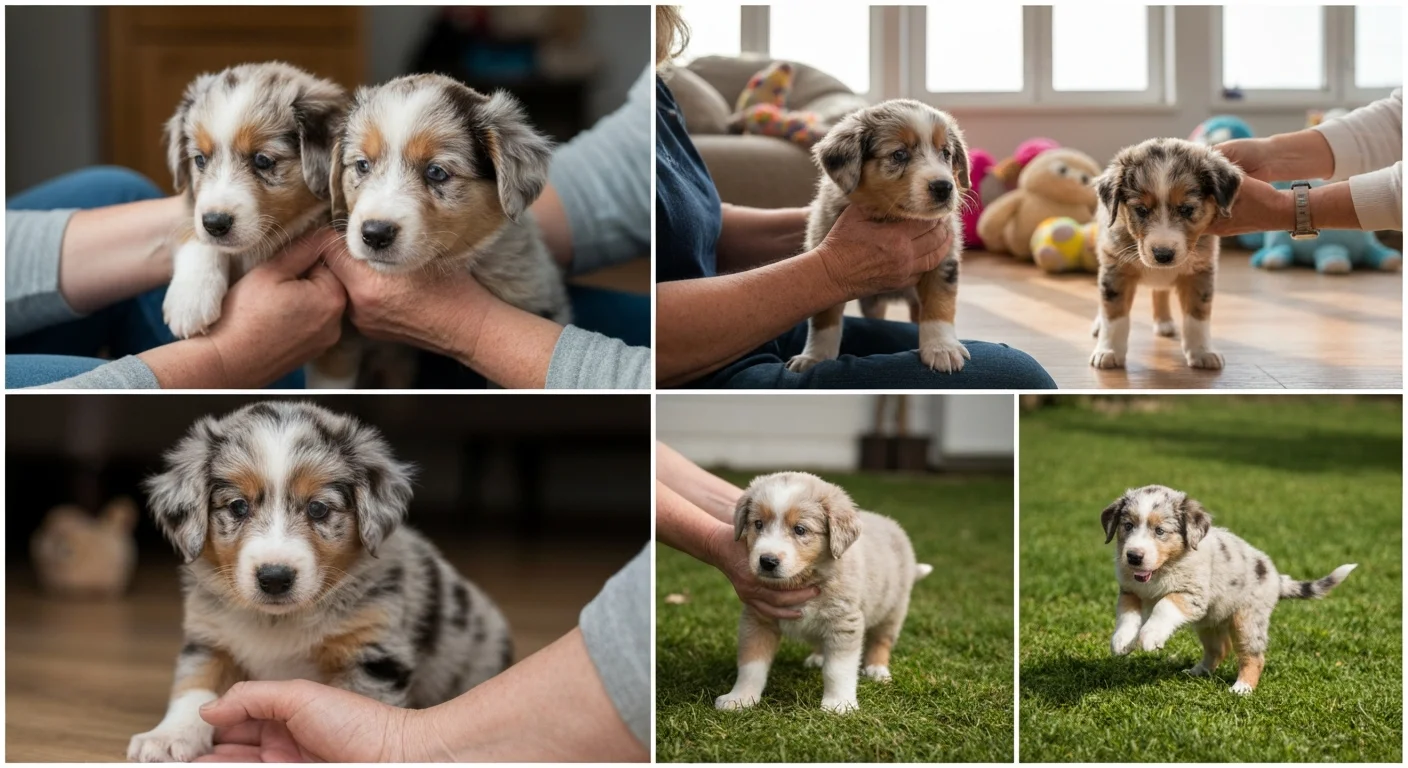 Merle puppies experiencing positive early socialization with gentle handling
